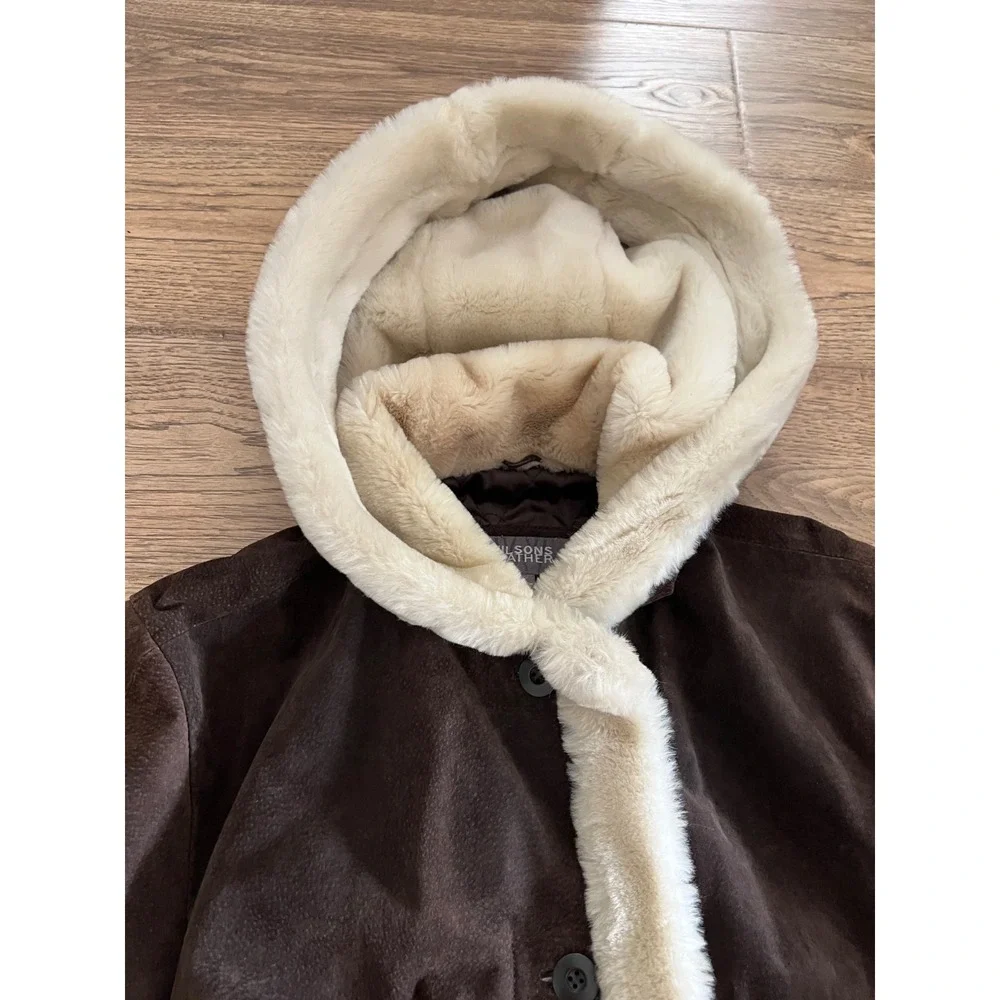 Vintage Wilsons Suede Leather Coat Womens L Brown Faux Fur Trim Hooded Excellent